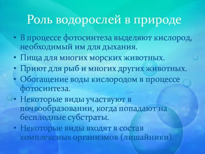 Роль водорослей в природе В процессе фотосинтеза выделяют кислород, необходимый