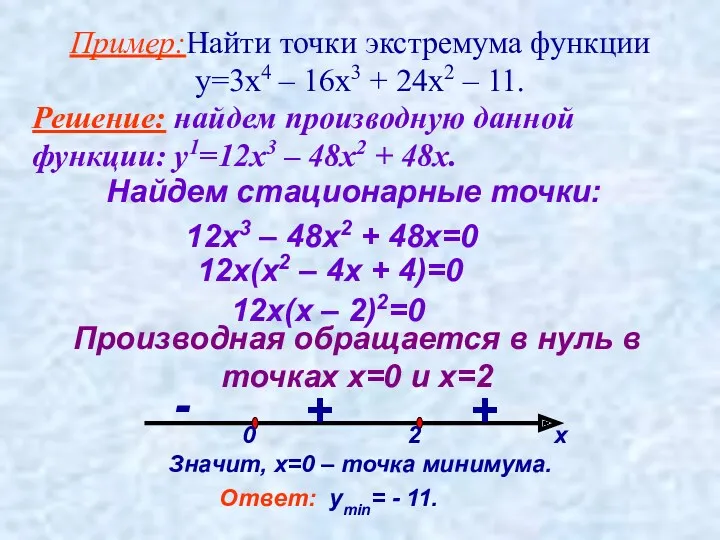 Пример:Найти точки экстремума функции у=3х4 – 16х3 + 24х2 –