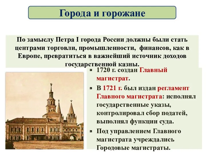 По замыслу Петра I города России должны были стать центрами