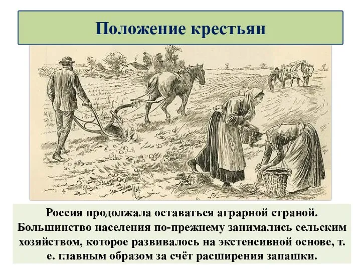Россия продолжала оставаться аграрной страной. Большинство населения по-прежнему занимались сельским