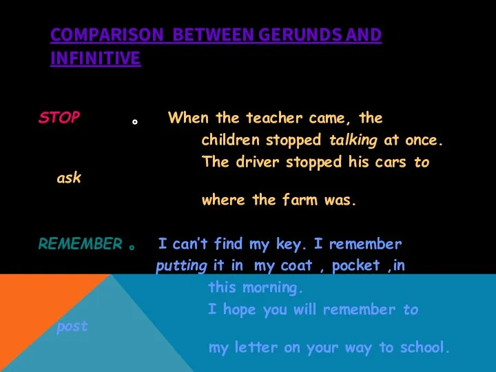 COMPARISON BETWEEN GERUNDS AND INFINITIVE STOP 。 When the teacher