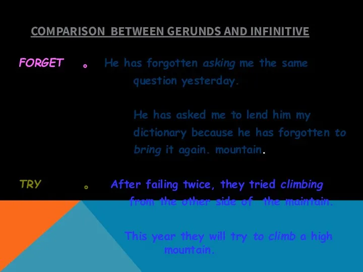 COMPARISON BETWEEN GERUNDS AND INFINITIVE FORGET 。 He has forgotten