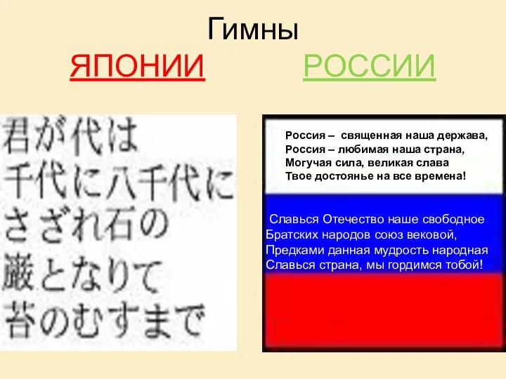 Гимны ЯПОНИИ РОССИИ Россия – священная наша держава, Россия –