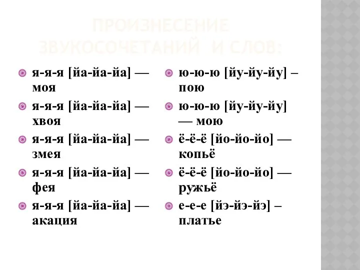 ПРОИЗНЕСЕНИЕ ЗВУКОСОЧЕТАНИЙ И СЛОВ: я-я-я [йа-йа-йа] — моя я-я-я [йа-йа-йа] — хвоя я-я-я