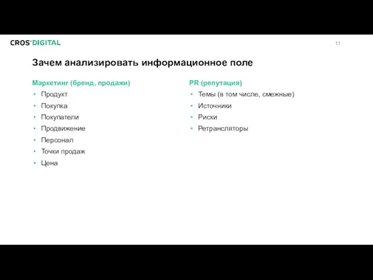 Зачем анализировать информационное поле Маркетинг (бренд, продажи) Продукт Покупка Покупатели