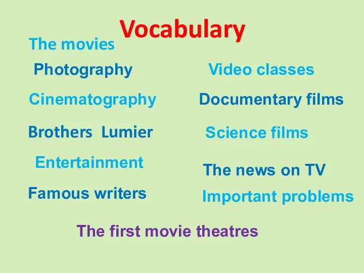 Vocabulary Photography Cinematography Brothers Lumier The first movie theatres Famous