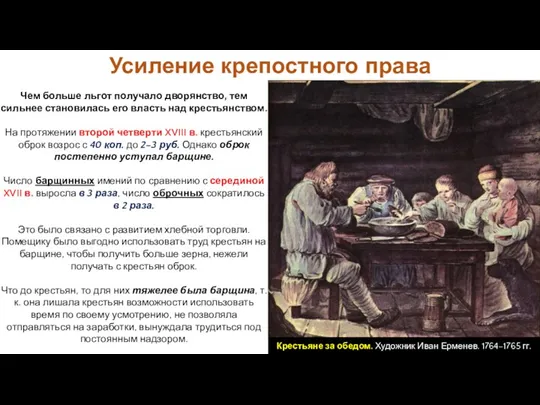 Усиление крепостного права Крестьяне за обедом. Художник Иван Ерменев. 1764–1765