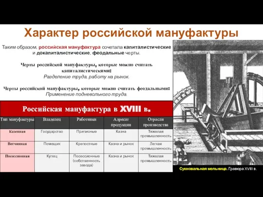 Таким образом, российская мануфактура сочетала капиталистические и докапиталистические, феодальные черты.