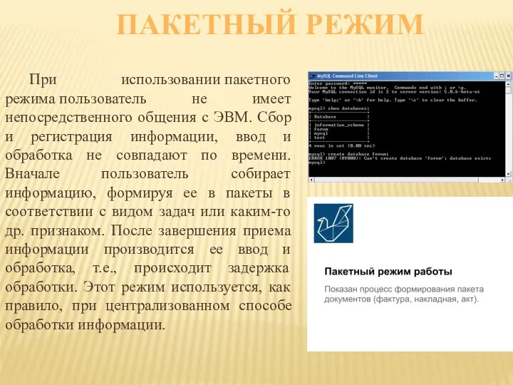 ПАКЕТНЫЙ РЕЖИМ При использовании пакетного режима пользователь не имеет непосредственного