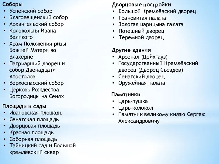 Соборы Успенский собор Благовещенский собор Архангельский собор Колокольня Ивана Великого