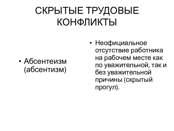 СКРЫТЫЕ ТРУДОВЫЕ КОНФЛИКТЫ Абсентеизм (абсентизм) Неофициальное отсутствие работника на рабочем