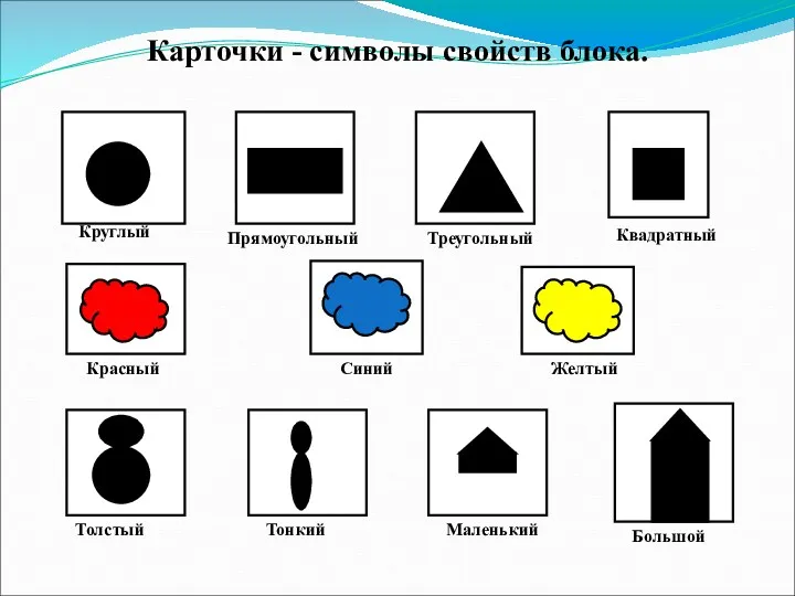 Карточки - символы свойств блока. Круглый Прямоугольный Желтый Квадратный Синий Треугольный Красный Большой Маленький Толстый Тонкий