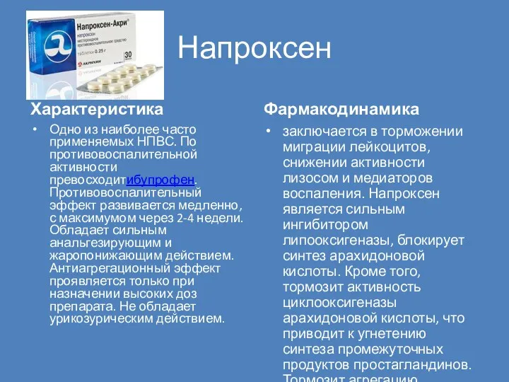 Напроксен Характеристика Одно из наиболее часто применяемых НПВС. По противовоспалительной