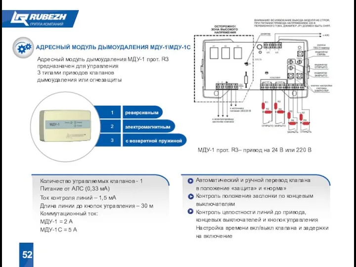 Адресный модуль дымоудаления МДУ-1 прот. R3 предназначен для управления 3