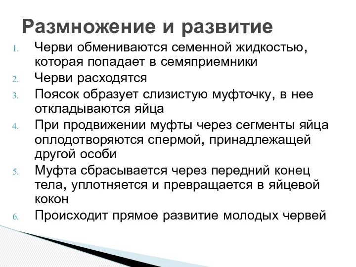 Черви обмениваются семенной жидкостью, которая попадает в семяприемники Черви расходятся