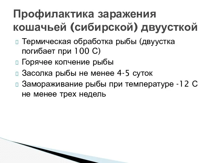 Термическая обработка рыбы (двуустка погибает при 100 С) Горячее копчение