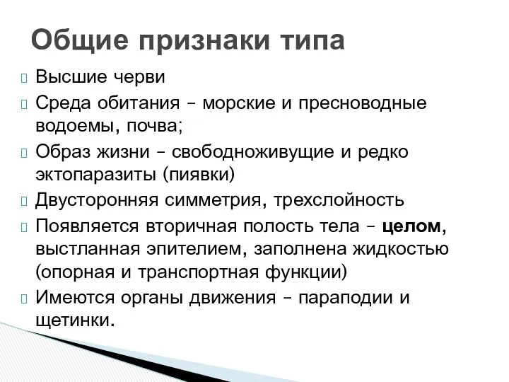 Высшие черви Среда обитания – морские и пресноводные водоемы, почва;