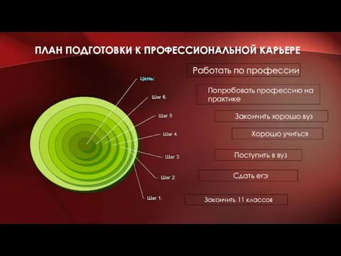 ПЛАН ПОДГОТОВКИ К ПРОФЕССИОНАЛЬНОЙ КАРЬЕРЕ Закончить 11 классов Сдать егэ