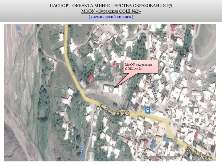 ПАСПОРТ ОБЪЕКТА МИНИСТЕРСТВА ОБРАЗОВАНИЯ РД МКОУ «Курахская СОШ №2» (космический снимок) МКОУ «Курахская СОШ № 2»