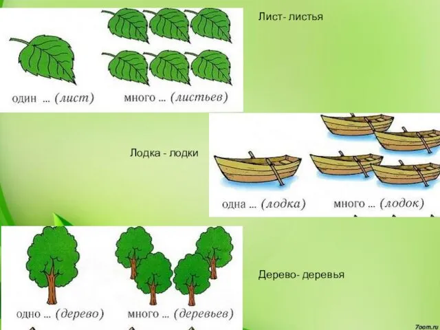 Лист- листья Лодка - лодки Дерево- деревья