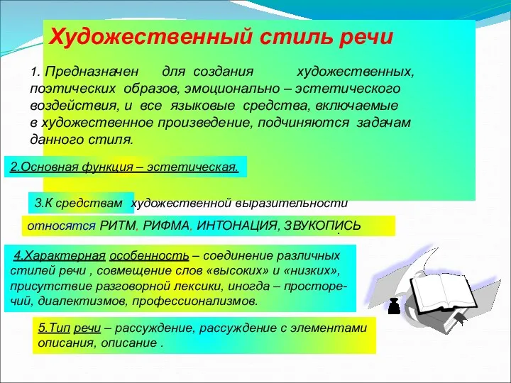 Художественный стиль речи 1. Предназначен для создания художественных, поэтических образов,