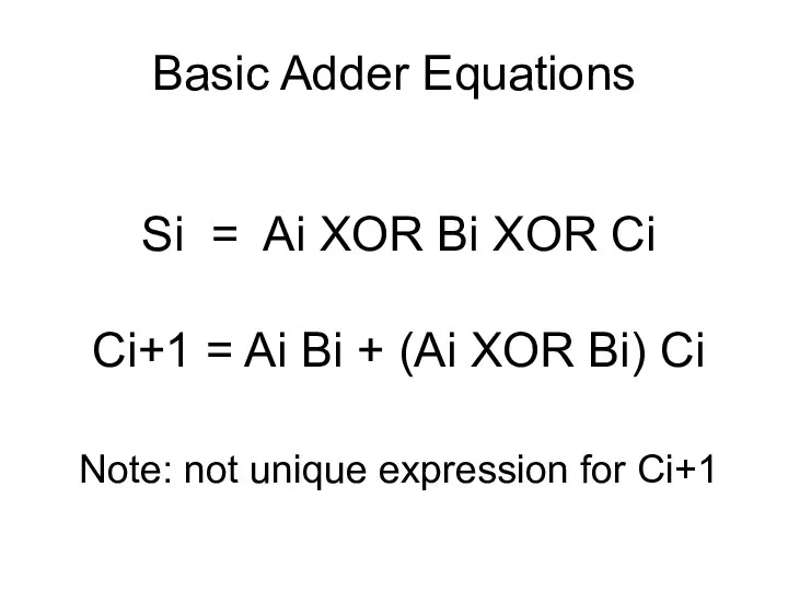 Basic Adder Equations Si = Ai XOR Bi XOR Ci