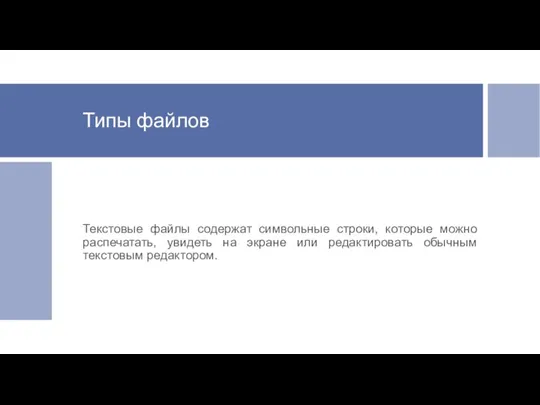 Типы файлов Текстовые файлы содержат символьные строки, которые можно распечатать,