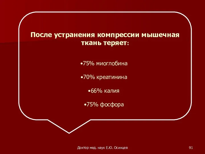 Доктор мед. наук Е.Ю. Осинцев После устранения компрессии мышечная ткань теряет: 75% миоглобина