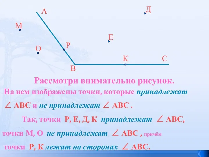 Рассмотри внимательно рисунок. На нем изображены точки, которые принадлежат ∠ АВС и не