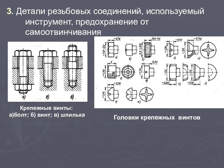 3. Детали резьбовых соединений, используемый инструмент, предохранение от самоотвинчивания Крепежные