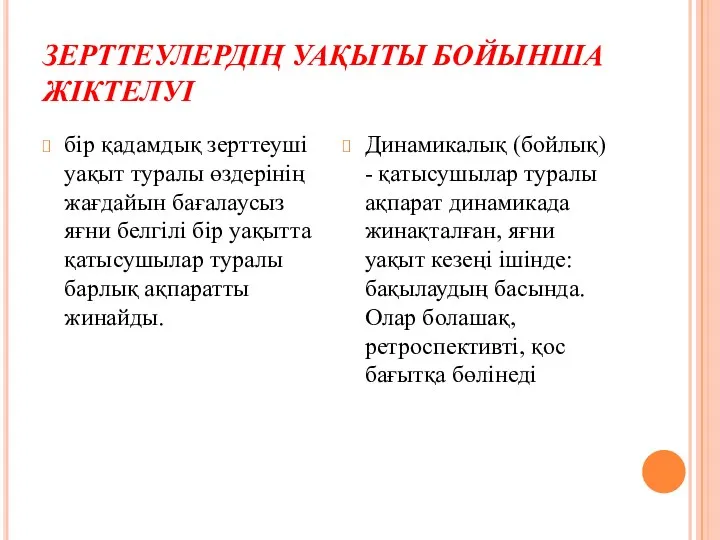 ЗЕРТТЕУЛЕРДІҢ УАҚЫТЫ БОЙЫНША ЖІКТЕЛУІ бір қадамдық зерттеуші уақыт туралы өздерінің