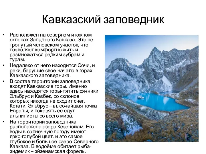 Кавказский заповедник Расположен на северном и южном склонах Западного Кавказа.