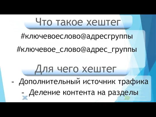 Что такое хештег #ключевоеслово@адресгруппы #ключевое_слово@адрес_группы Для чего хештег Дополнительный источник трафика Деление контента на разделы