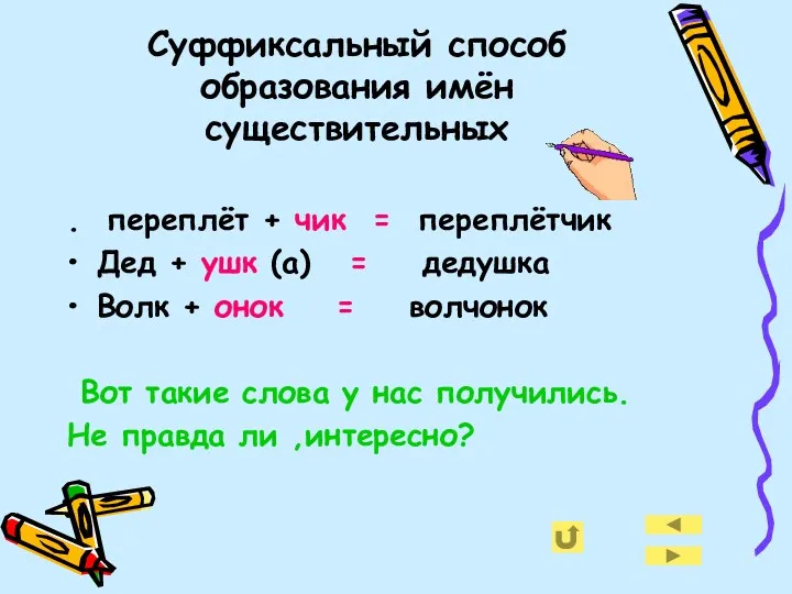 Суффиксальный способ образования имён существительных . переплёт + чик = переплётчик Дед +