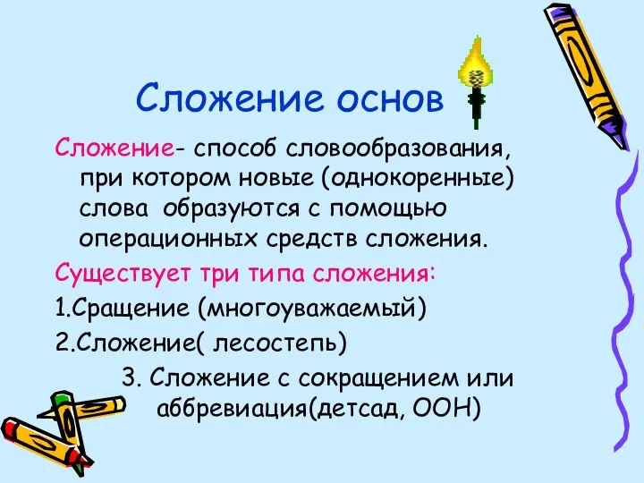 Сложение основ Сложение- способ словообразования, при котором новые (однокоренные) слова образуются с помощью