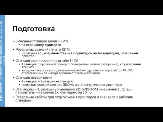 Подготовка Основных станций печати КИМ по количеству аудиторий Резервных станций