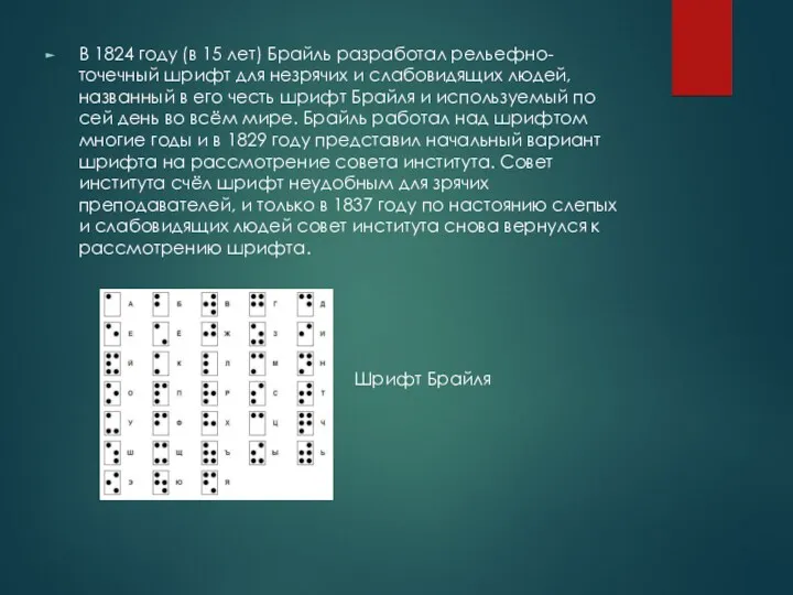 В 1824 году (в 15 лет) Брайль разработал рельефно-точечный шрифт