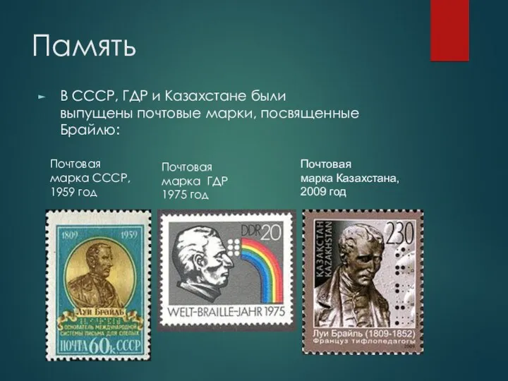 Память В СССР, ГДР и Казахстане были выпущены почтовые марки,