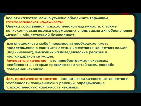 Все эти качества можно условно объединить термином «психологическая надежность». Оценка