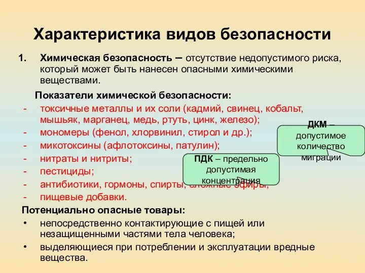 Характеристика видов безопасности Химическая безопасность – отсутствие недопустимого риска, который