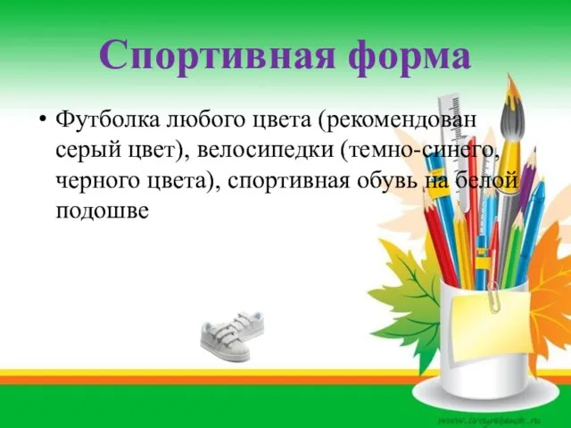 Спортивная форма Футболка любого цвета (рекомендован серый цвет), велосипедки (темно-синего, черного цвета), спортивная