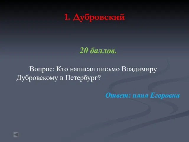 1. Дубровский 20 баллов. Вопрос: Кто написал письмо Владимиру Дубровскому в Петербург? Ответ: няня Егоровна