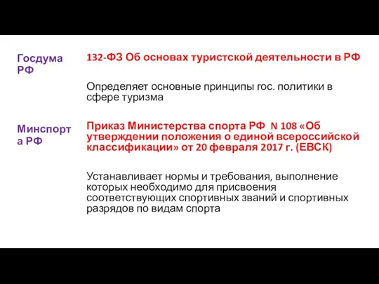 132-ФЗ Об основах туристской деятельности в РФ Определяет основные принципы