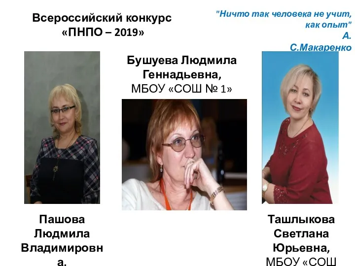 "Ничто так человека не учит, как опыт" А.С.Макаренко Всероссийский конкурс «ПНПО – 2019»