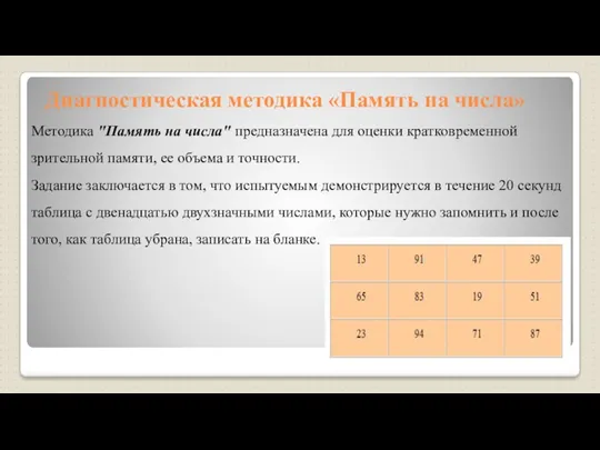 Диагностическая методика «Память на числа» Методика "Память на числа" предназначена