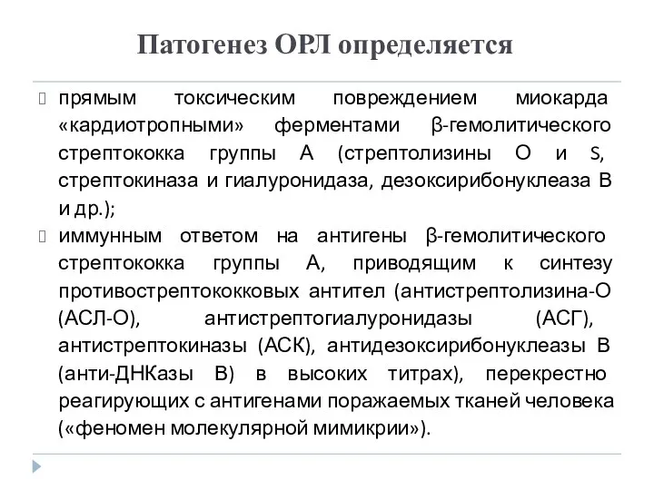 Патогенез ОРЛ определяется прямым токсическим повреждением миокарда «кардиотропными» ферментами β-гемолитического стрептококка группы А