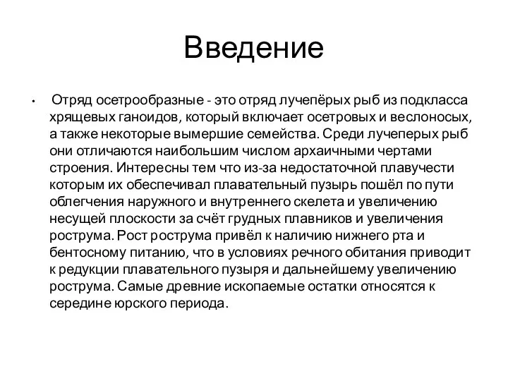 Введение Отряд осетрообразные - это отряд лучепёрых рыб из подкласса