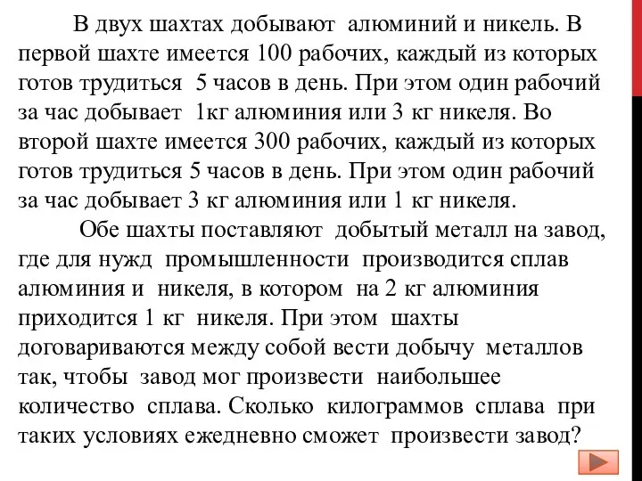 В двух шахтах добывают алюминий и никель. В первой шахте