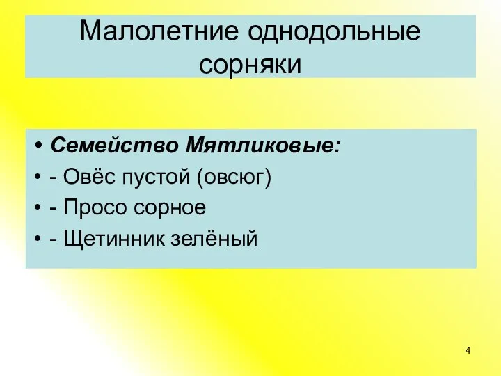 Малолетние однодольные сорняки Семейство Мятликовые: - Овёс пустой (овсюг) - Просо сорное - Щетинник зелёный