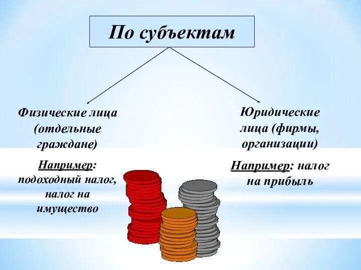 Физические лица (отдельные граждане) Например: подоходный налог, налог на имущество